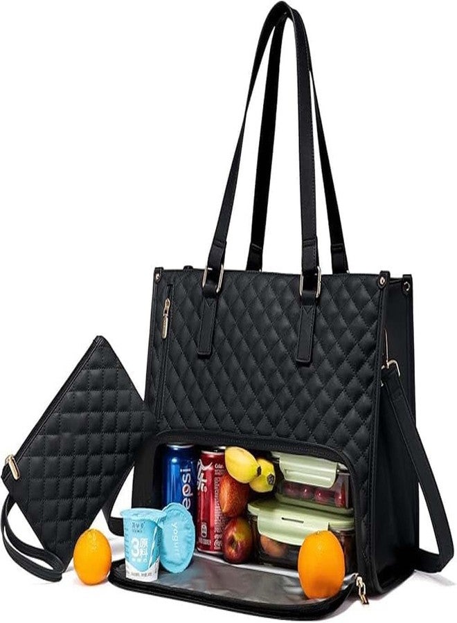 BEDSTEFAR Lunch Tote Bag for Women, 15.6 Inch Laptop Bag with Insulated Lunch Compartment, Quilted Large Capacity Computer Handbag with Purse for Business, Work, Nurse, Office, Collage, Casual, Black - Image 1